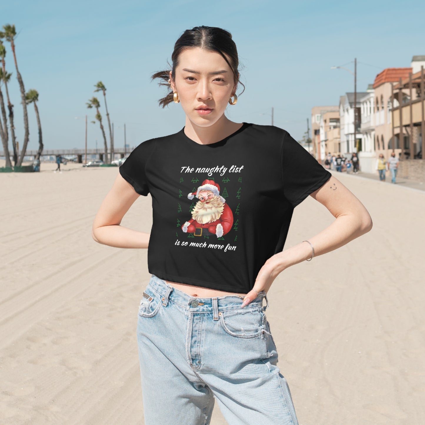 "The naughty list is so much more fun" Flirty Santa, Cropped Tee