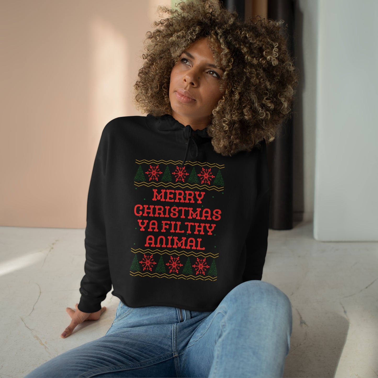 Merry Christmas Ya Filthy Animal, Cropped Hoodie