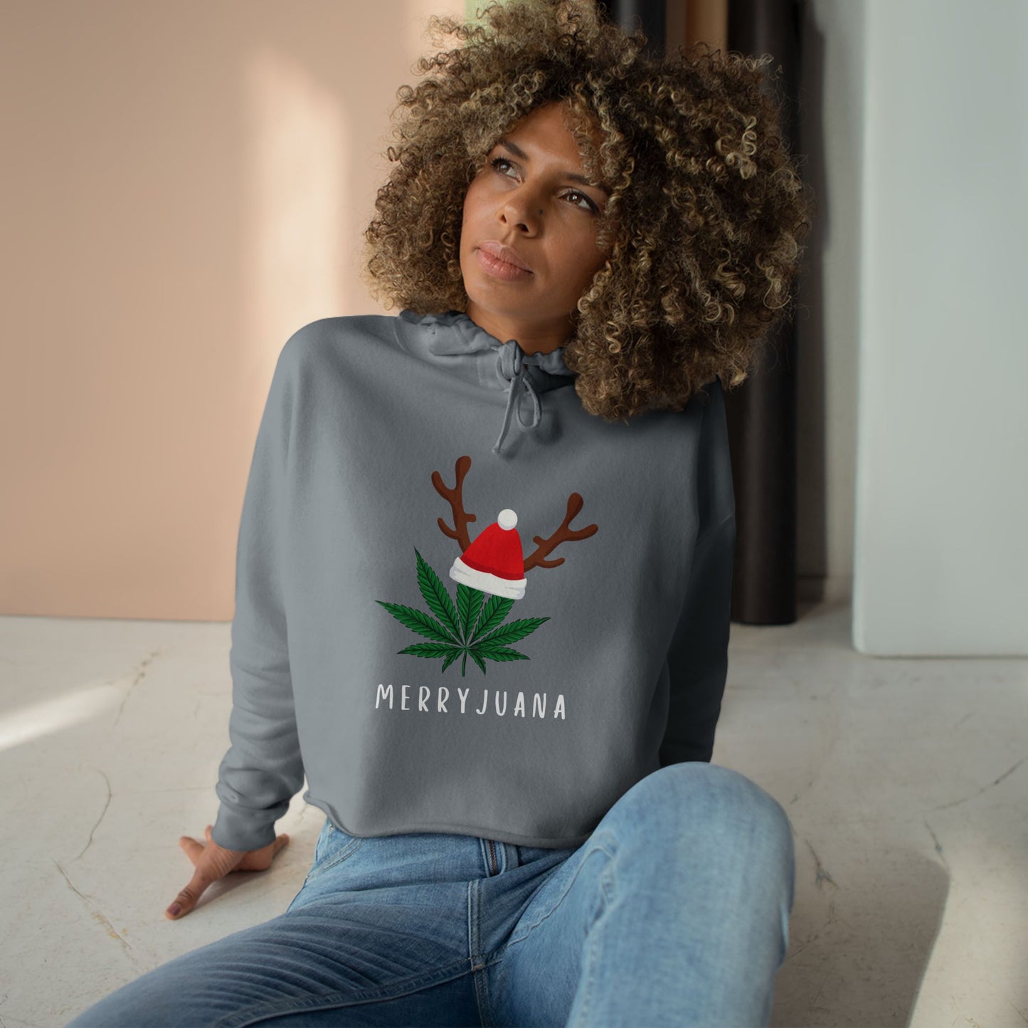 Marijuana Leaf with Santa Hat 'Merryjuana', Crop Hoodie