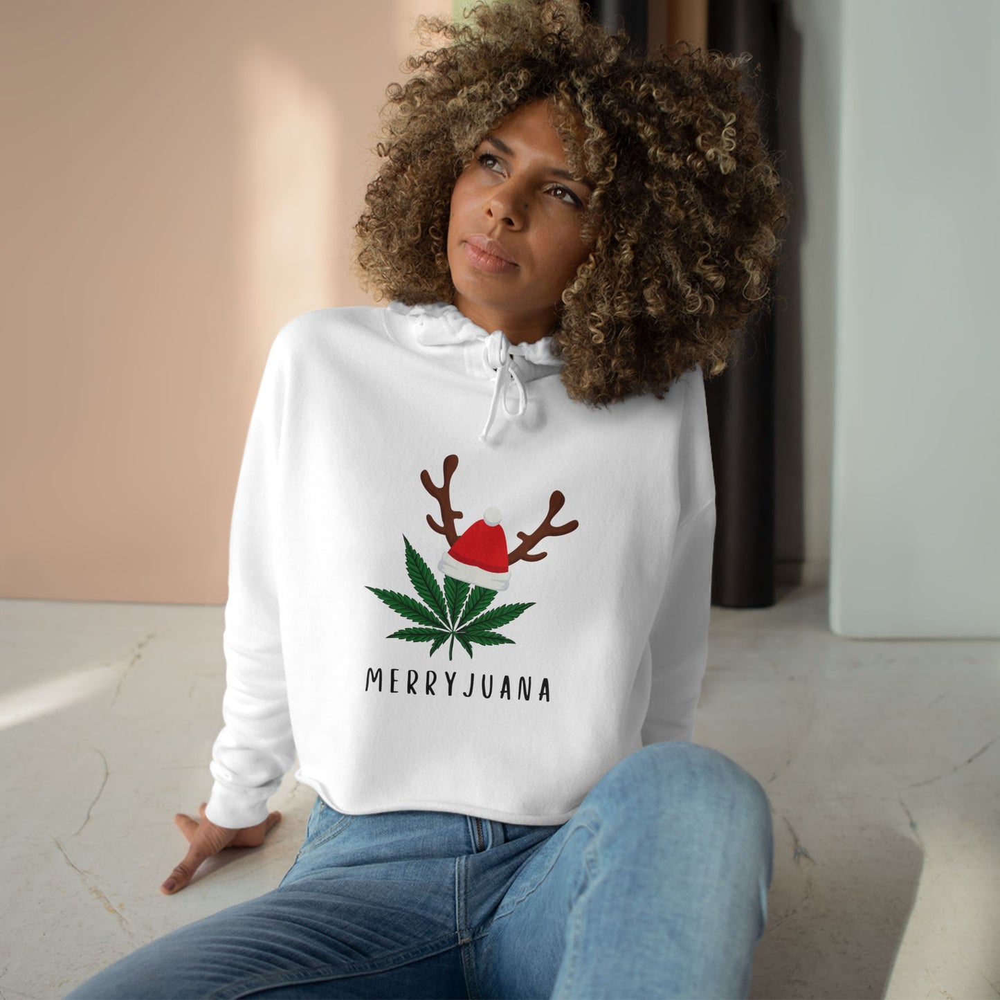 Marijuana Leaf with Santa Hat 'Merryjuana', Crop Hoodie