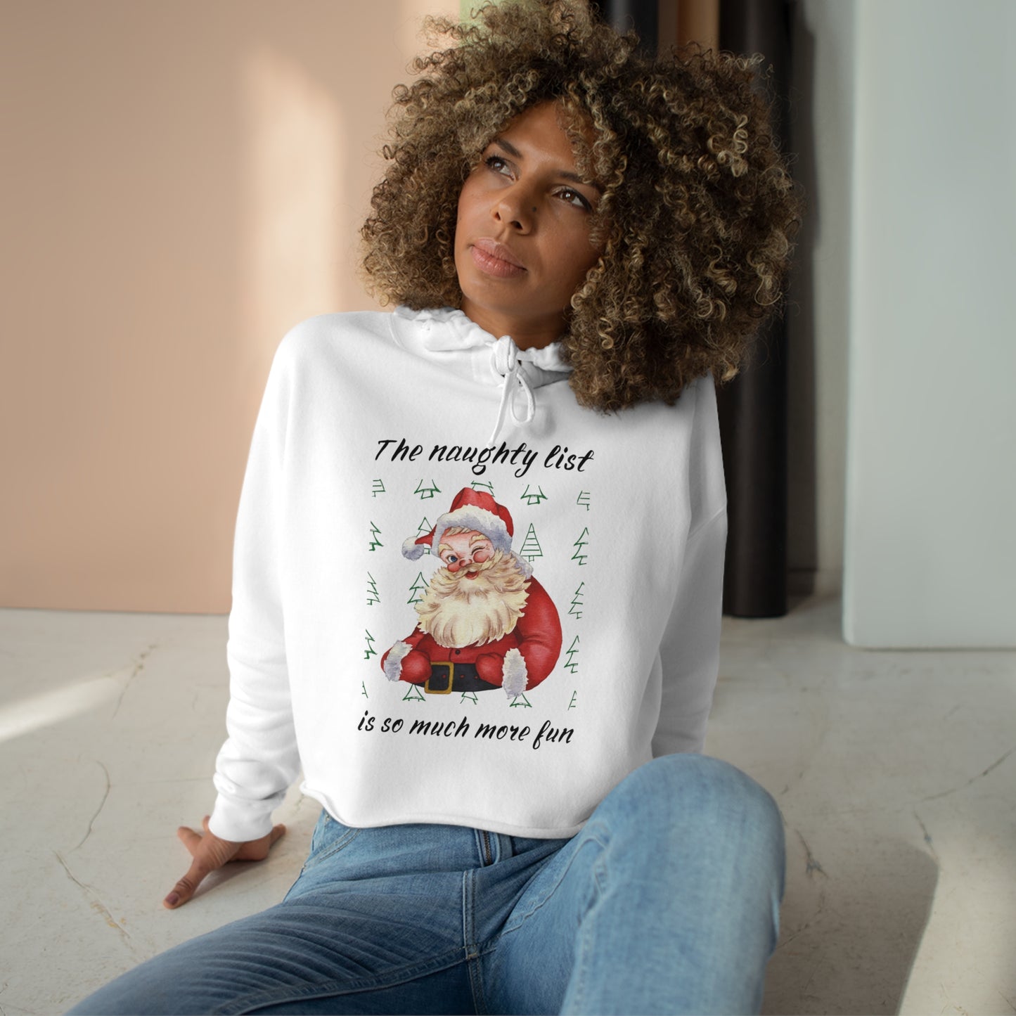 "The naughty list is so much more fun" Flirty Santa, Crop Hoodie