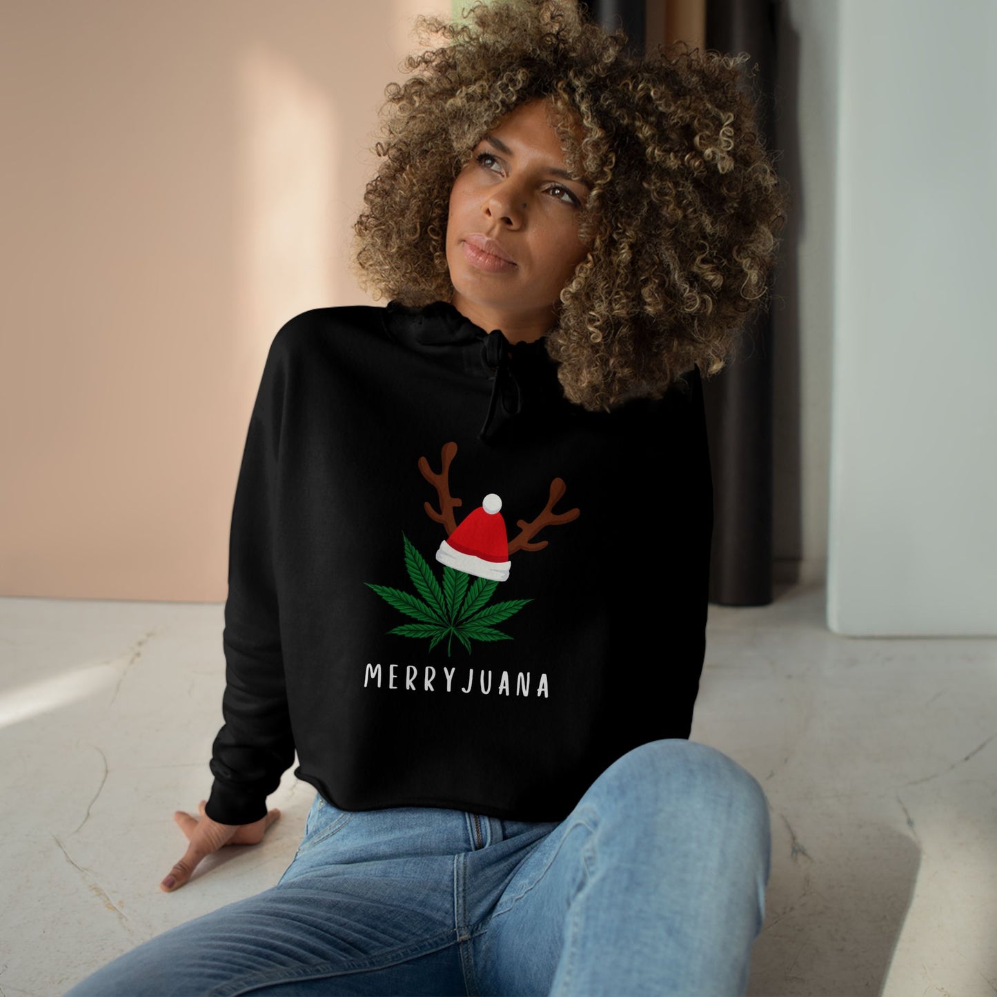 Marijuana Leaf with Santa Hat 'Merryjuana', Crop Hoodie