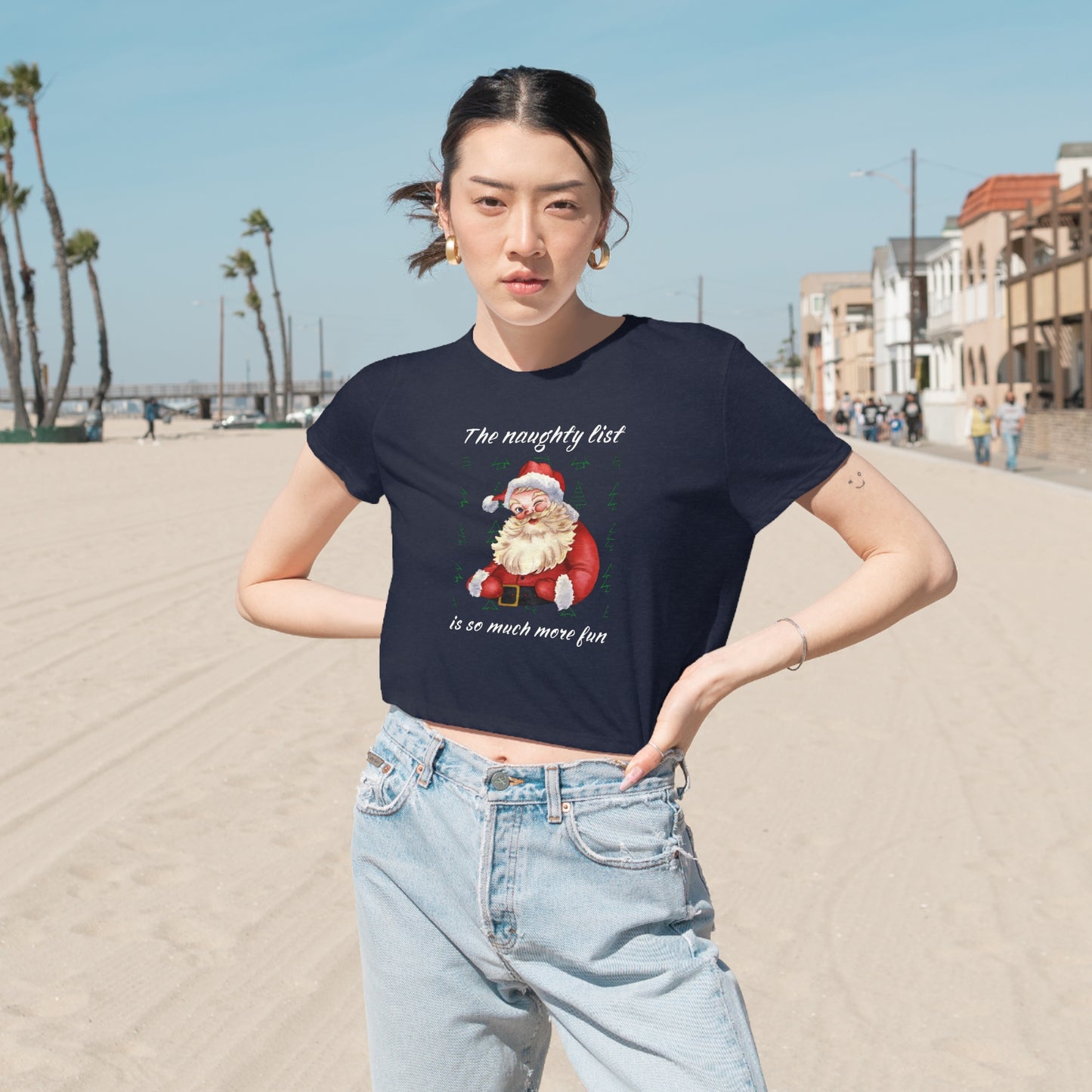 "The naughty list is so much more fun" Flirty Santa, Cropped Tee