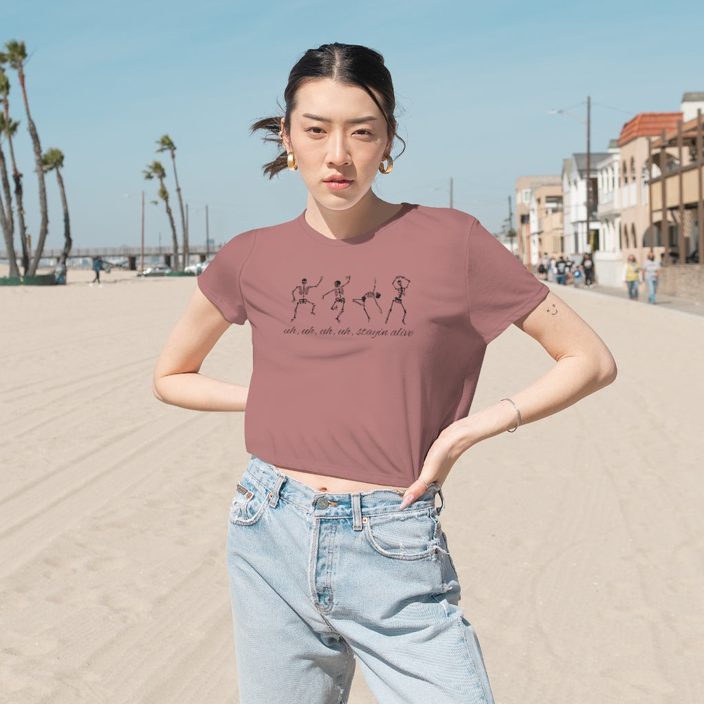 "Stayin' Alive" - Dancing Skeletons Flowy Cropped Tee